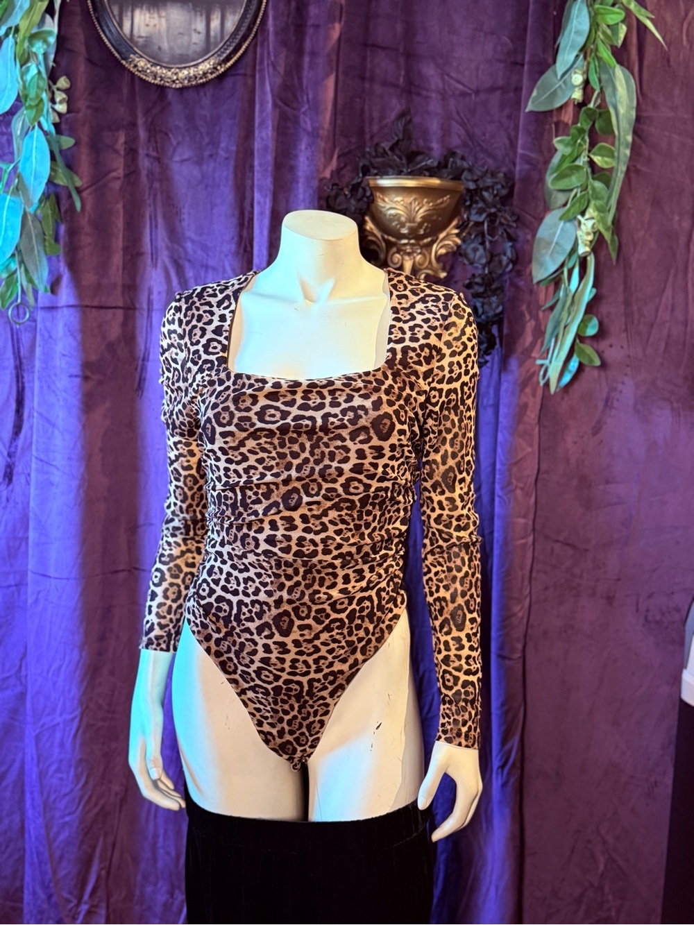 Square Neck Leopard Print Long Sleeve Bodysuit - Brown